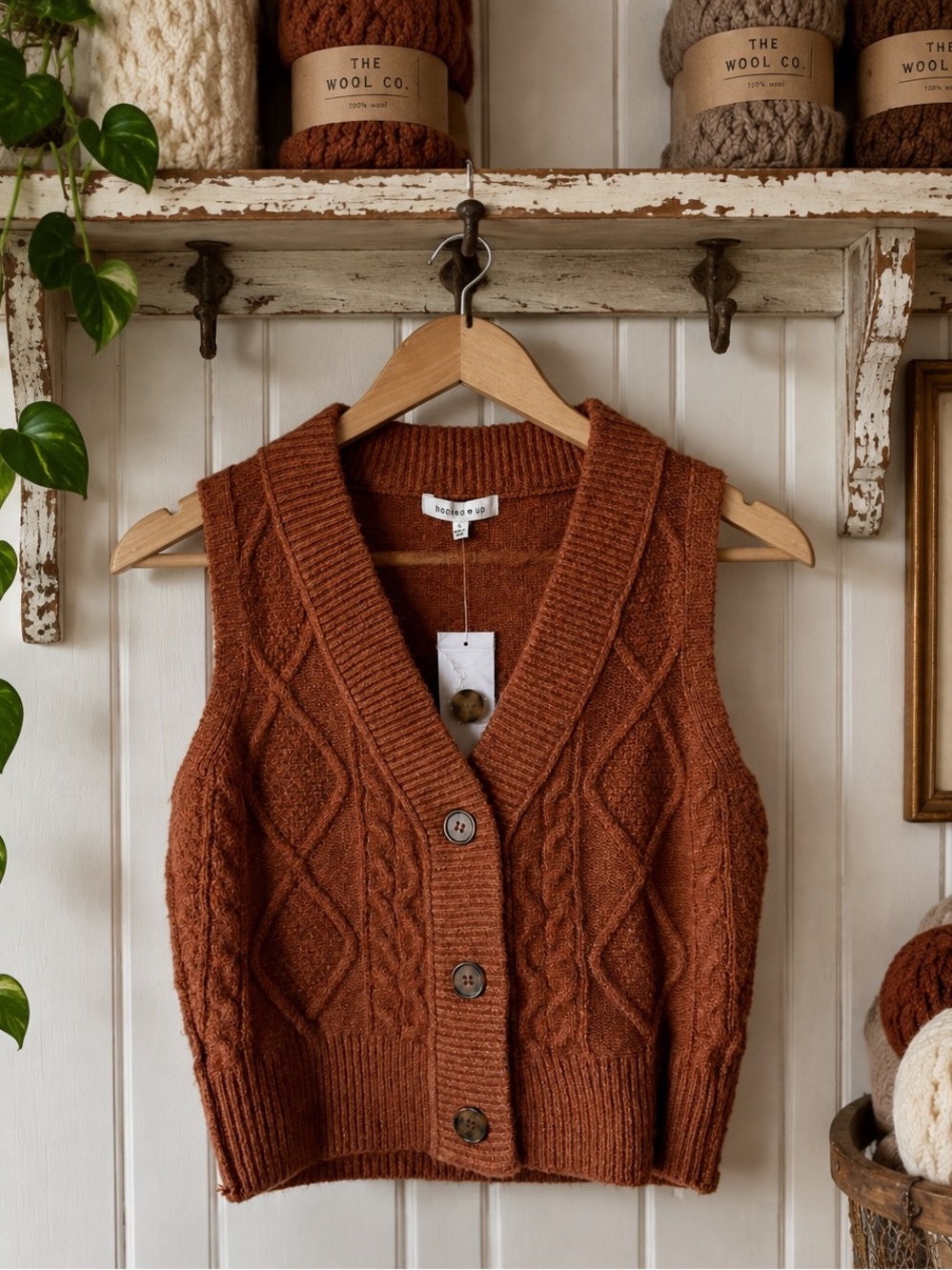Hooked Up Cropped Cable Knit Button-Up Sweater Vest - Rust Brown- Size Small NWT
